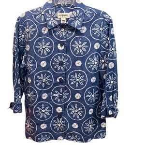 EASYSPIRIT Women’s Linen Button Up Short Sleeve  Shirt Sz Small Blue Beach